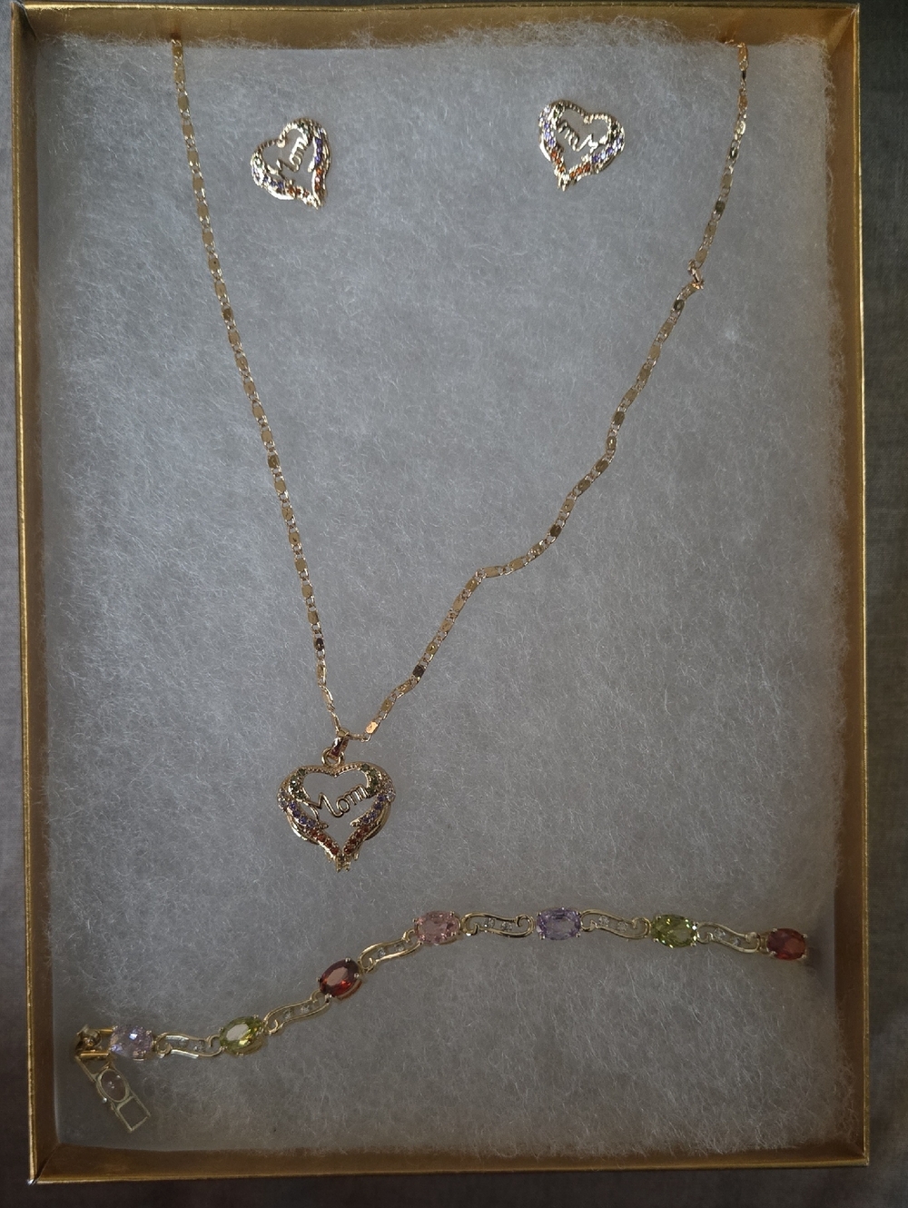 Gold Heart Pendant Necklace and Stud Earrings Set - Pink & Gold